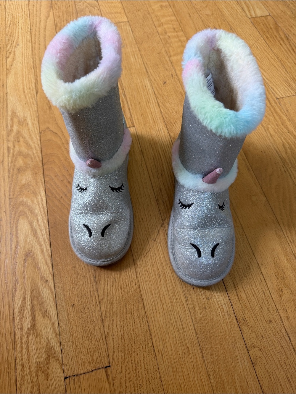 Girls' Sparkle Unicorn Plush-Trim Boots - Silver with Pastel Rainbow Fur